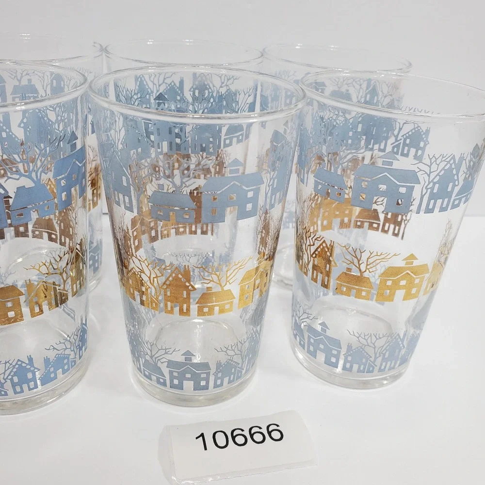 VTG Federal Glass Drinking Glasses Set of 6 Blue Gold Winter Village Scene MCM